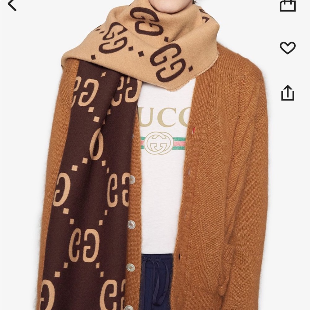 Gucci wool and silk large logo scarf brown